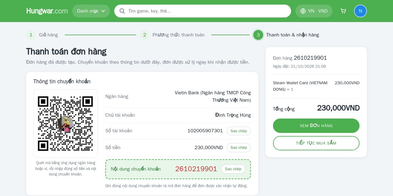 Thông tin chuyển khoản với mã QR và nút sao chép