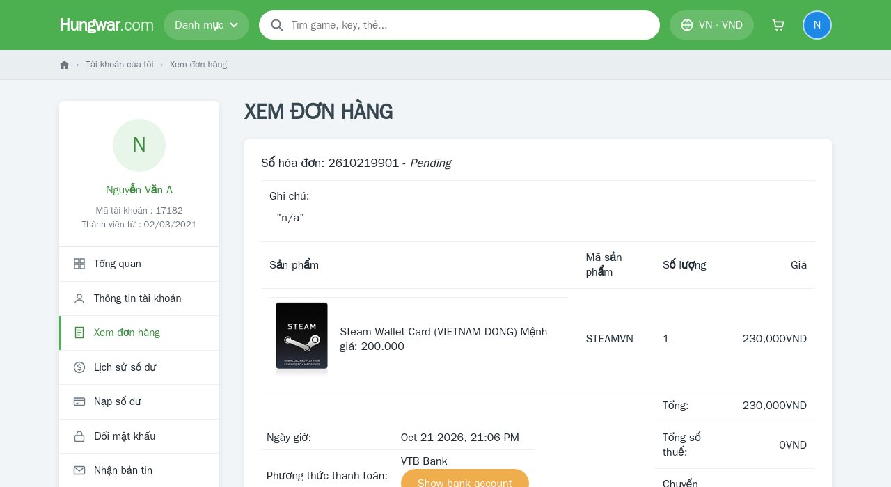 Trang chi tiết đơn hàng trong tài khoản