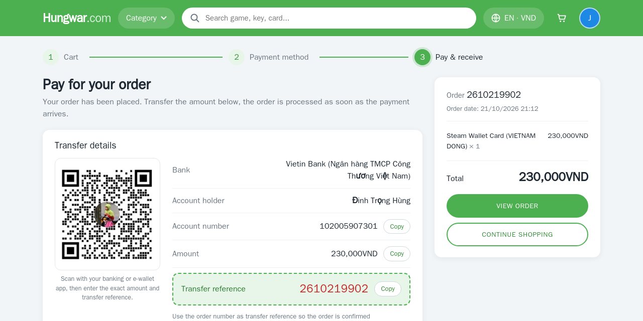 Transfer details with QR code and copy buttons