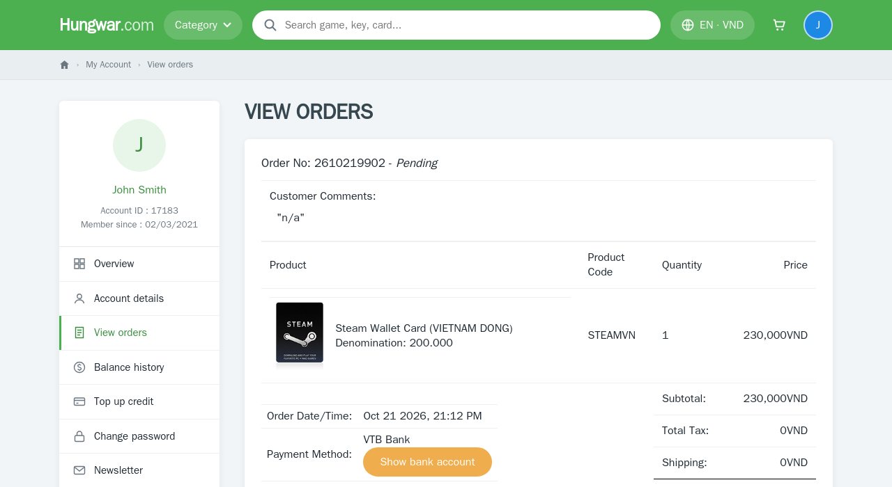 Order details in the account